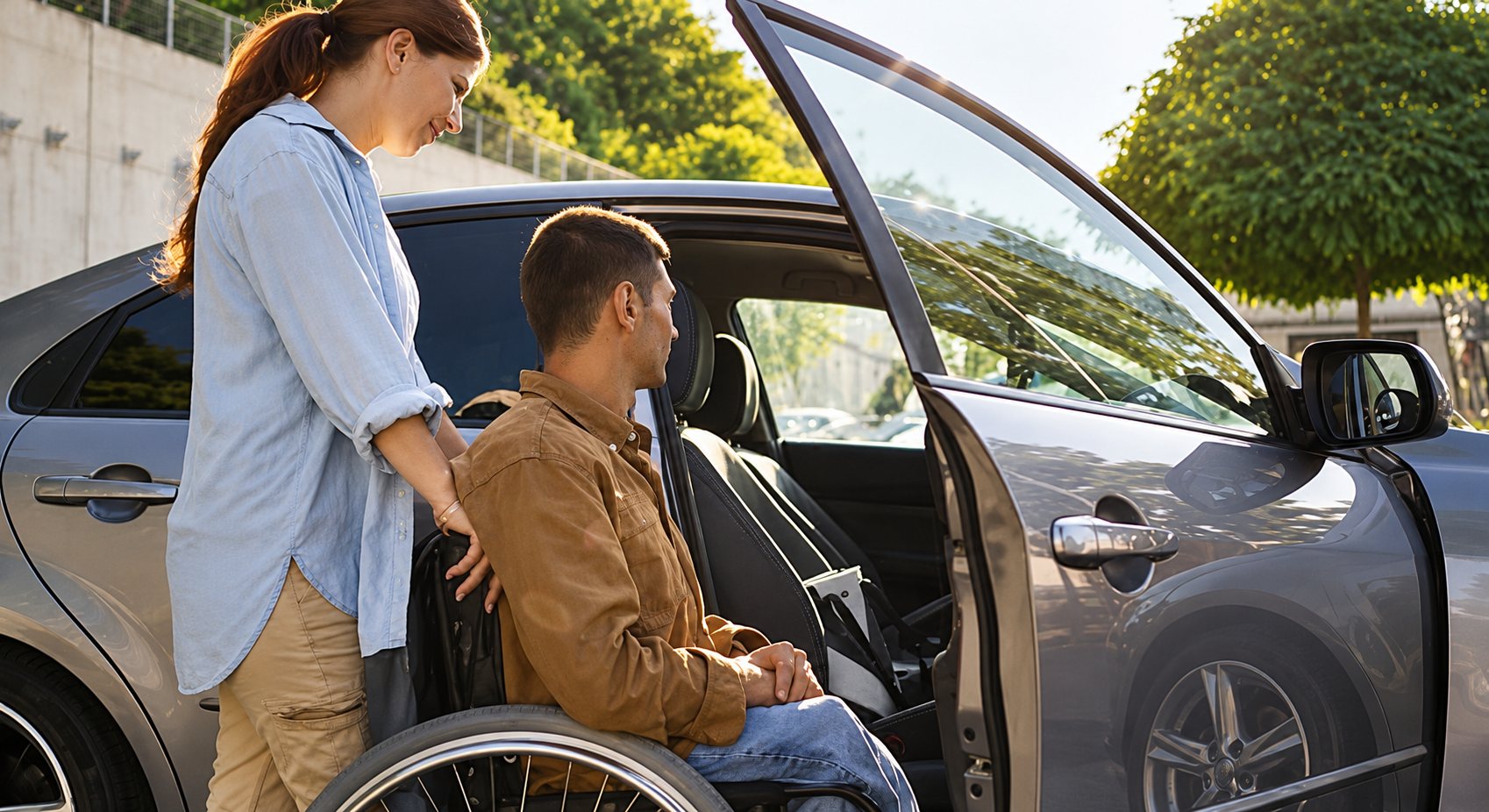Une femme debout aide un homme en fauteuil roulant à s'installer dans une voiture grise à la porte ouverte, en plein soleil.