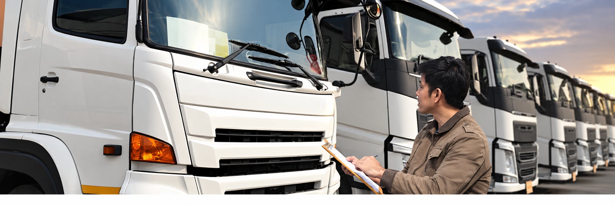 Un homme en veste beige tenant un presse-papiers regarde une longue rangée de camions blancs alignés sous un ciel nuageux.