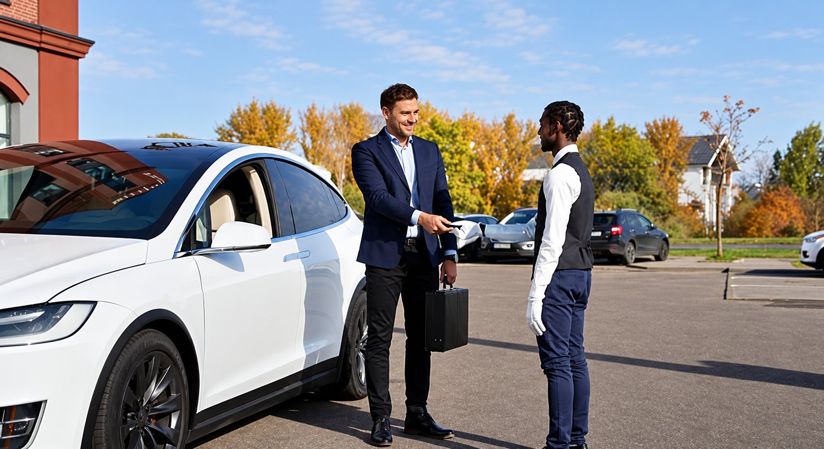 Un homme en costume tenant une mallette remet les clés d'une voiture électrique blanche à un voiturier en gilet et gants blancs, sur un parking en automne.