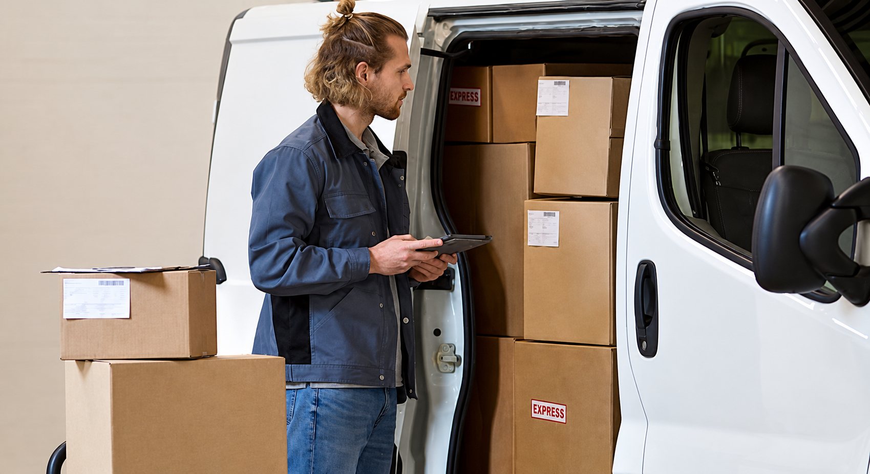 Un livreur aux cheveux attachés, tablette en main, vérifie des cartons empilés dans l'arrière d'une camionnette blanche.