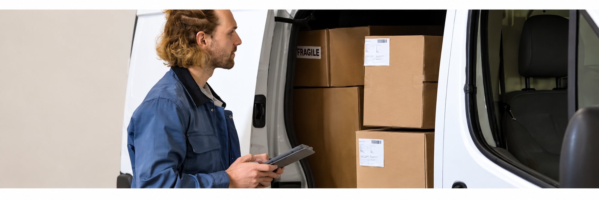 Un livreur en veste bleue consulte une tablette devant l'arrière ouvert d'une camionnette blanche chargée de cartons.