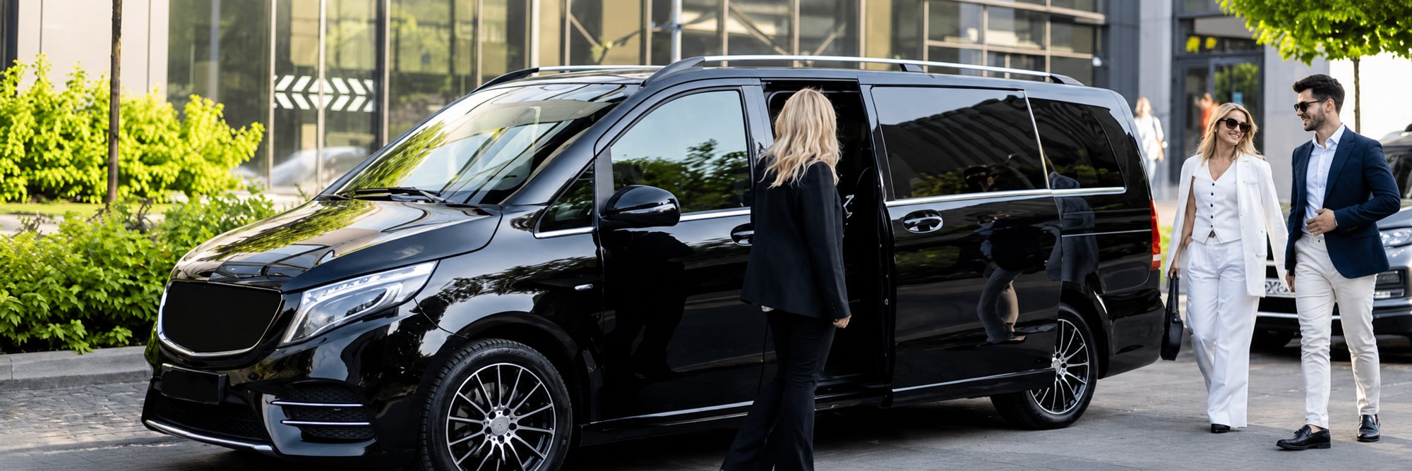 Un van noir de luxe est garé devant un immeuble moderne, une chauffeuse ouvre la porte coulissante tandis que deux clients élégants s'approchent.